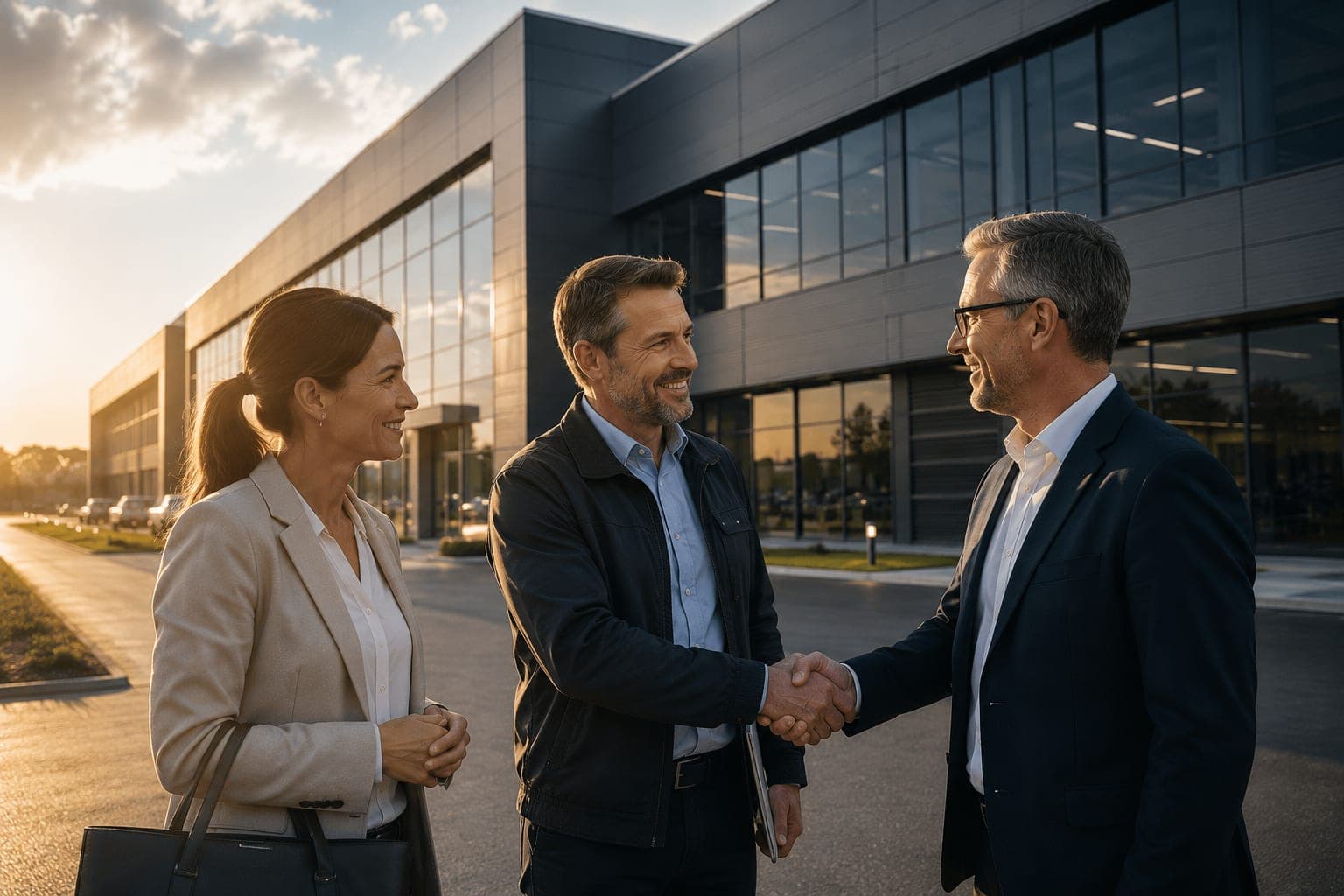 Geschäftspartner besiegeln den erfolgreichen Projektabschluss mit Handschlag vor einem fertiggestellten Gebäude