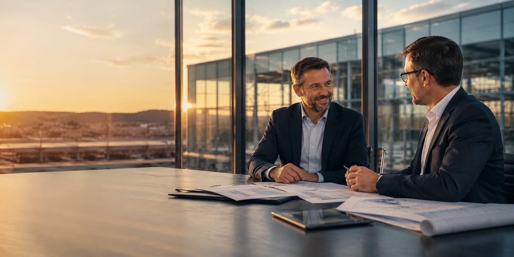 Zwei Geschäftspartner im vertrauten Gespräch als Sinnbild für eine langfristige Partnerschaft