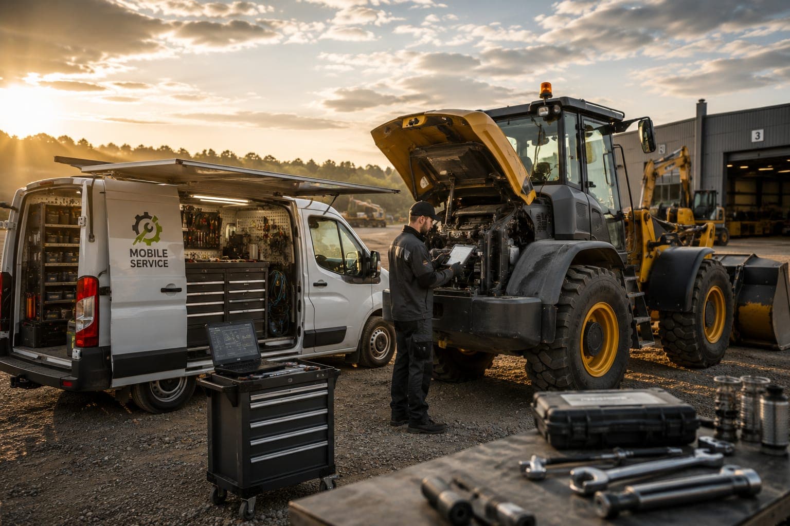 Servicefahrzeug und Werkstatt mit Diagnosetechnik