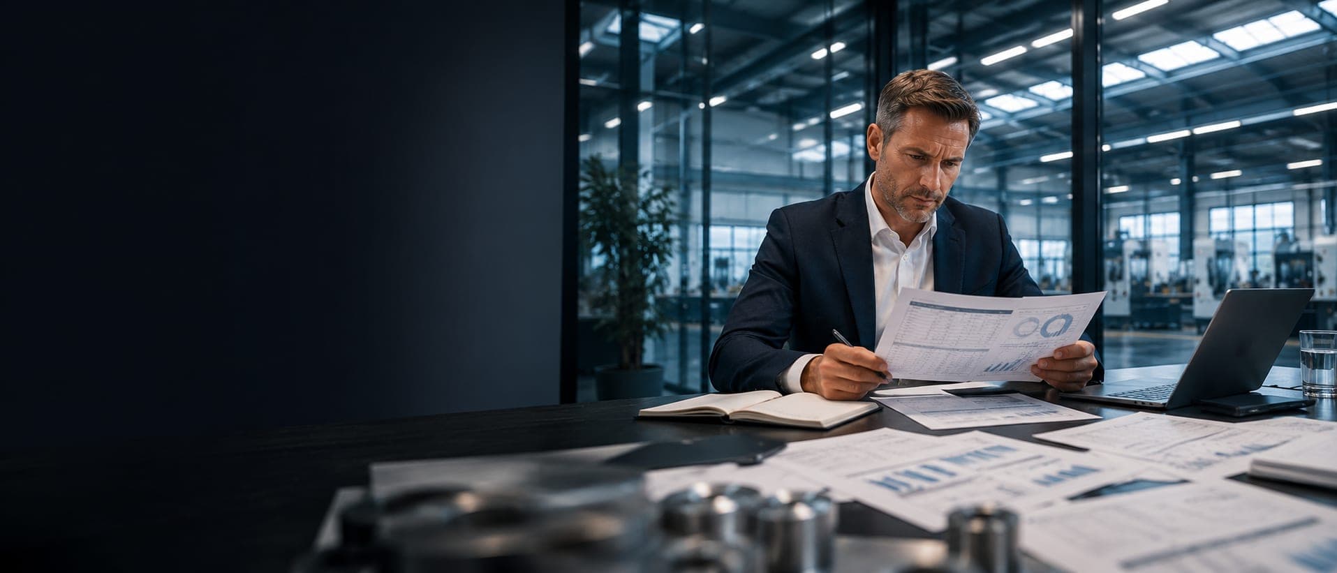 Unternehmer prüft Finanzauswertungen im Büro einer Produktionshalle – Sinnbild für Forderungsabsicherung