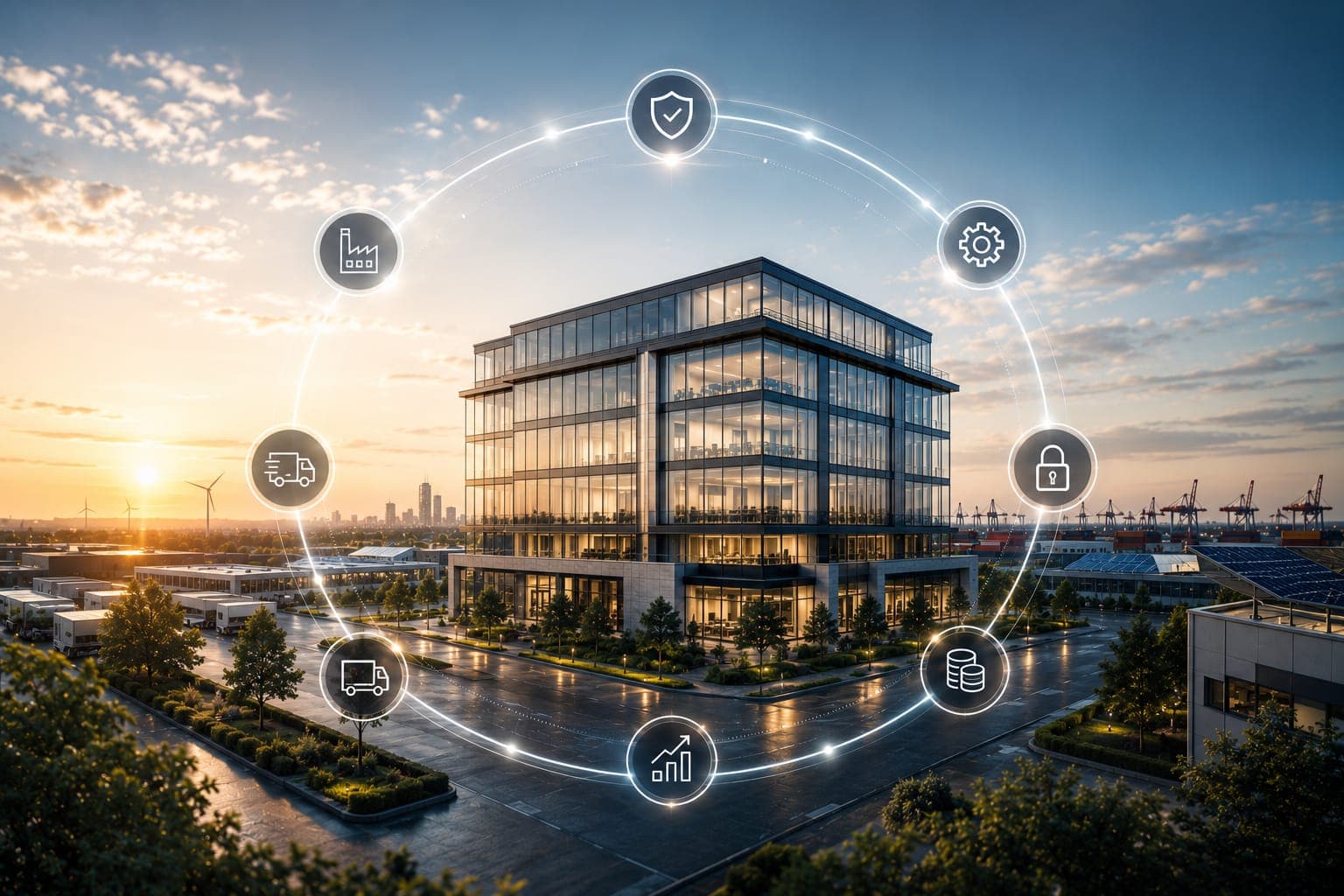 Modernes Firmengebäude mit umlaufenden Schutz-Symbolen – 360°-Absicherung für Unternehmen